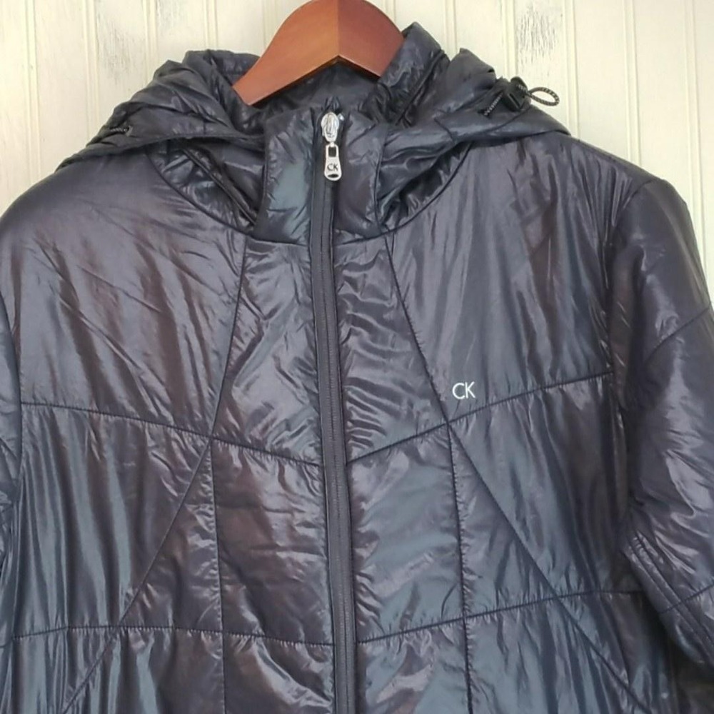 Calvin Klein Jacket Womens 12 Gray Hooded Full Zip Quilted Puffer Insulated Golf